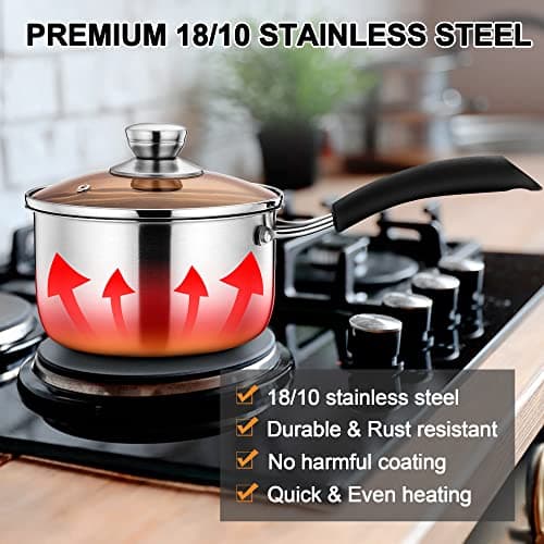 LIANYU Saucepan with Lid, 1 Quart and 2 Quart Stainless Steel Saucepan, Small Pot Milk Soup Pan for Home Kitchen Restaurant, Long Heatproof Handle, Dishwasher Safe - Thumbnail 3