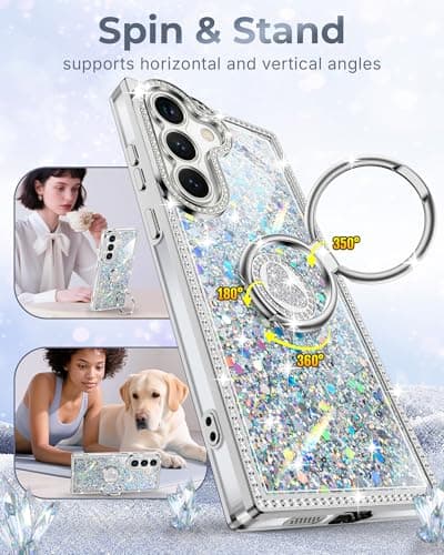 XYZ for Galaxy S26 Plus Case, Glitter Bling Phone Cover with 2-Ring Heart Stand & Lanyard, Women Girls Luxury Rhinestone Shockproof Protective Case para Samsung S26 Plus, Silver - Thumbnail 3