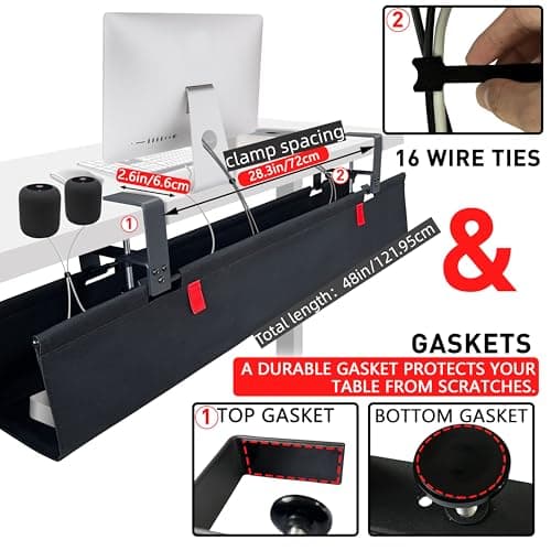 AHOMO [Upgraded] Under Desk Cable Management, 48" Cord Organizer, with Silicone Pads (No Scratch!), 16 Cable Ties, Washable PE Honeycomb Base,Fits Any Desk 0-2.1", No Stinky Cardboard!Black 48"L x 6"W - Thumbnail 2