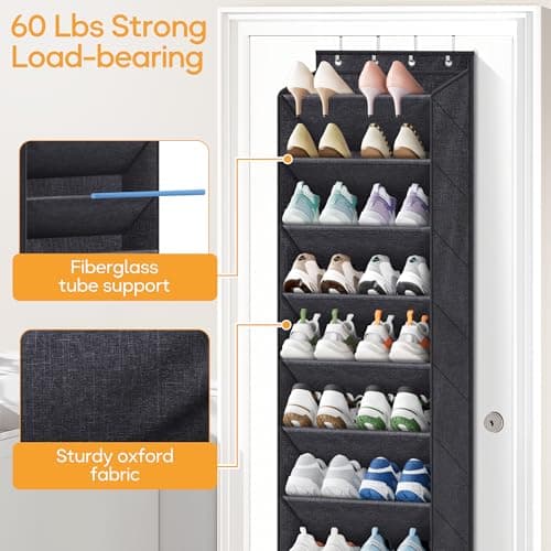 KIMBORA 10 Tier Over the Door Shoe Organizer with Large Pockets, Hanging Shoe Rack for Closet Door Storage, Fits 20 Pairs of Sneakers Boots Hanger Holder, Black - Thumbnail 6