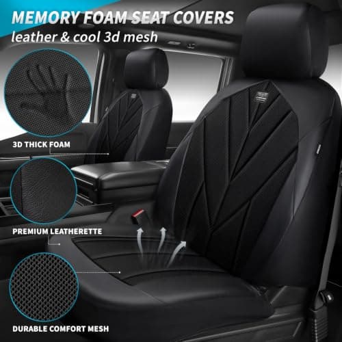 CAR PASS Memory Foam seat Covers Leather, Air Cool Mesh car seat Covers Front Seats 2, Universal FIT for Cars,SUV,Trucks, Comfortable-Durable-Breathable Airbag Compatible, All Black - Thumbnail 6