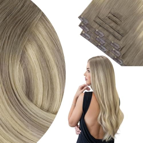 Ve Sunny Invisible Clip in Hair Extensions Human Hair Seamless, Ombre Balayage Blonde Remy Human Hair Clip in Extensions, Genius Weft Thick Ends for Adding Fuller Volume, 18 Inch 120g 7pcs - Image 1