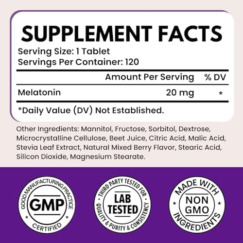 VITBOOST Melatonin 20 mg – 120 Fast Dissolve Tablets – Natural Berry Flavor – High Potency Sleep Aid – 100% Drug Free, Non-GMO, Made in USA - Thumbnail 2