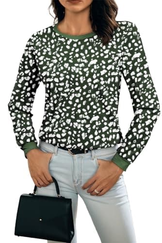 BLENCOT Long Sleeve Shirts for Women Casual Polka Dot Blouses Loose Fit Fall Tees Sweater Spring Graphic Basic Business Leopard Sweatshirts Medium Blackish Green - Image 1