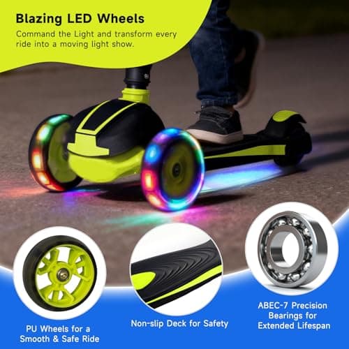 Nattork Kick Scooter for Ages 3-8, Light Up 3-Wheels Foldable Scooter with 4 Adjustable Height for Boys & Girls, Lean to Steer,Anti Slip Deck,Toddler Scooter 120lbs Weight Capacity Green - Thumbnail 4