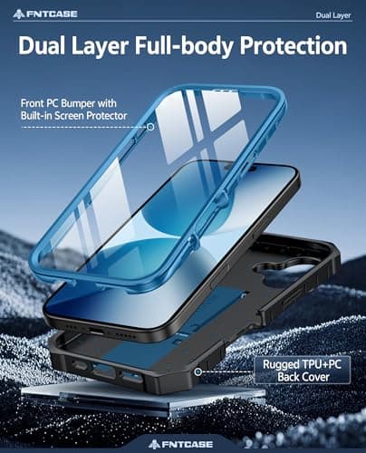 FNTCASE for iPhone 17 Phone Case: Military Grade Drop Proof Protection Mobile Cover with Kickstand | Matte Textured Rugged Shockproof TPU | Protective Sturdy Phone Case - 6.3 inch Blue - Thumbnail 3