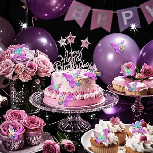 3D Butterfly Wall Decor 3 Sizes 4 Styles Butterfly Party Decorations Cake Decorations Removable Stickers Wall Decor Room Mural Metallic (Laser Pink Purple, 96Pcs) - Thumbnail 5
