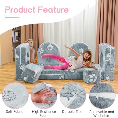 furlinkhm Modular Kids Play Couch, Kids Couch for Playroom Bedroom, Glow in The Dark, 5 Seconds Instant Expansion, Glowing Football, Grey - Thumbnail 3