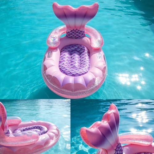 Mermaid Pool Float Bed for Adults - 63" X 39" Premium Inflatable Lounger with Backrest & Cup Holder, Glitter Interior, Comfortable Sunbathing Raft with Handles for Party Pool Beach Lake (Pink) - Thumbnail 2
