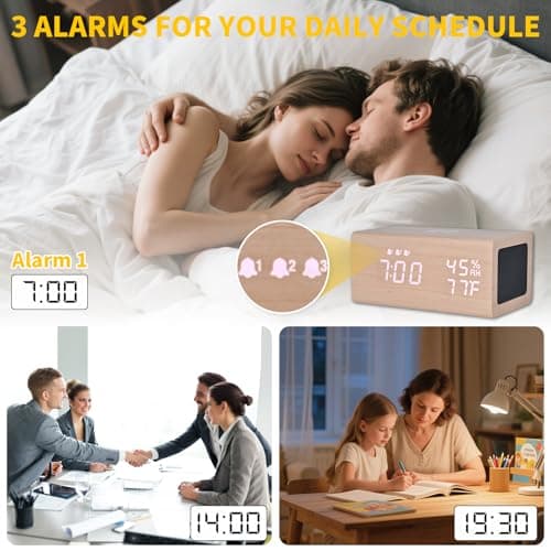 Wooden Digital Alarm Clocks,10W Wireless Charging with 3 Alarms, Dual 5W Stereo Bluetooth Speaker and Light Up with Sound, Adjustable Brightness Date Display Clock for Bedroom, Heavy Sleepers Adults - Thumbnail 5