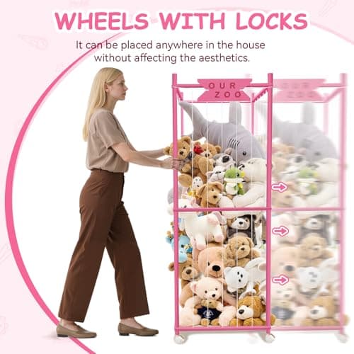 Stuffed Animal Storage Zoo with Wheels, Wooden Large Stuff Animals Plushies Holder Toy Organizer Kids Plush Storage Cage with Elastic Band and Net for Nursery Playroom Corner for Toddler (Hot Pink) - Thumbnail 6