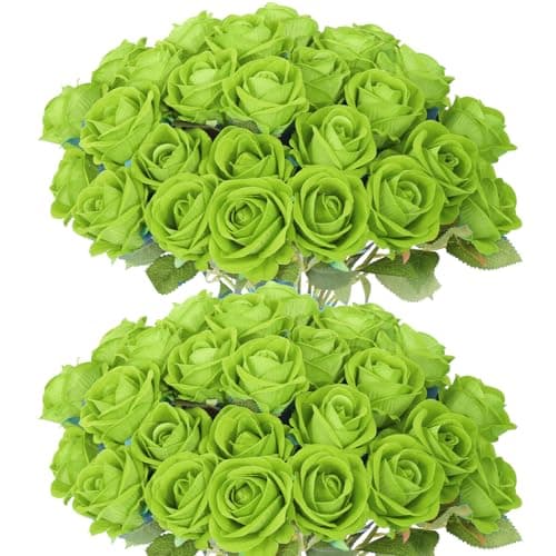 50 PCS Green Roses Artificial Flowers,Fake Green Roses Bouquet,Greens Artificial Silk Rose with Stems for DIY Wedding Flowers Decoration, Valentines Day, Bridal Bouquet Rose,Wedding Decoration - Image 1