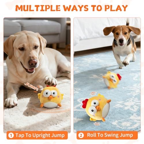 VOXGET Interactive Dog Toy Ball, Upgrade Automatic 1.5H Jump Plush Toy with Removable Zipper for Small Large Dogs, Rechargeable Squeaky Move Bounce Ball for Pets Keep Busy, No Loud Music (Chicken) - Thumbnail 6
