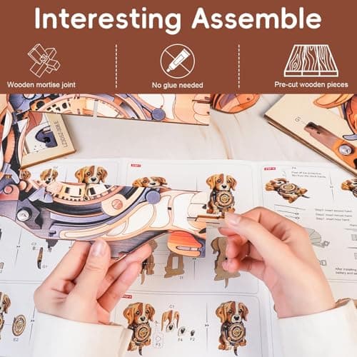 Kosmickiss 3D Wooden Puzzles for Adults, Beagle Mechanical Model Kits, DIY Wall Clock Puzzle, Home Decor Creative Gifts for Men and Women, Pendulum Wood Craft, Gifts for Dog Lovers - Thumbnail 6