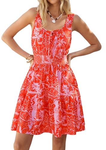 Women's Summer Casual Tank Dress Pocket, Orange Red Sleeveless Smocked Mini Floral Dresses, Tiered A-Line Beach Swim Dress XL - Image 1
