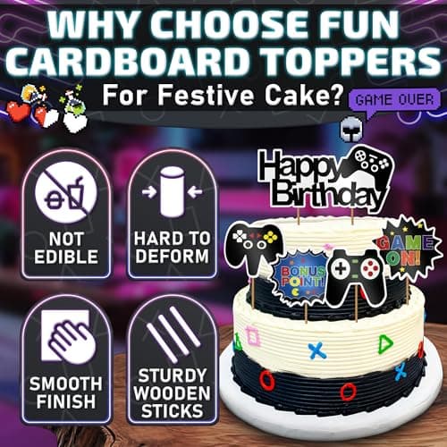 13Pcs Video Game Cake Topper - Cardboard Gamer Cake Decorations with Big & Small Toppers with Gamepad-Themed Design, Easy to Install - Colorful Video Game Birthday Decorations for Boys & Girls Parties - Thumbnail 3