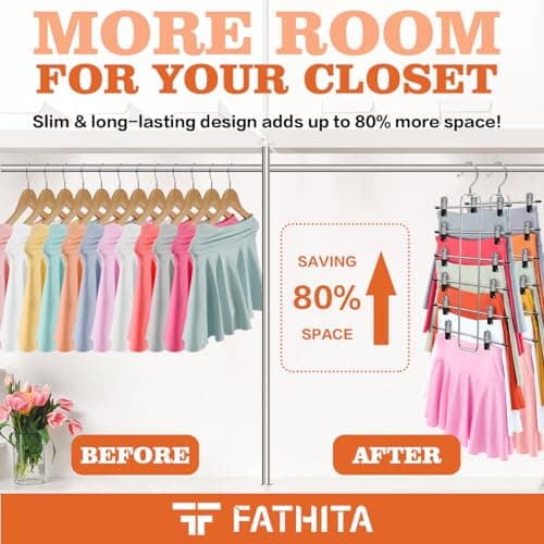 FATHITA 6-Tier Space Saving Pants Hangers with Clips, Multi-Functional Skirt & Jean Organizer for Small Closets, Dorm Room Essentials, 2 Pack Metal Clothes Storage - Thumbnail 3