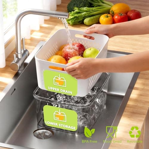 HOMETALL 5 Pack Fruit Storage Containers for Fridge, Plastic Fruit Containers for Fridge with Removable Colanders, Leakproof Fridge Organizers and Storage for Berry Vegetable Salad Lettuce Meat Food - Thumbnail 2