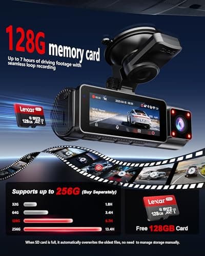 4K+2K+2K 3 Channel Dash Cam Front and Rear, 128GB Card Included, Dash Camera for Cars 5.8G/2.4G Dual Wifi, Built-in GPS, Night Vision, WDR, 170°Wide Angle, G-Sensor Emergency Lock, 24H Parking Monitor - Thumbnail 4