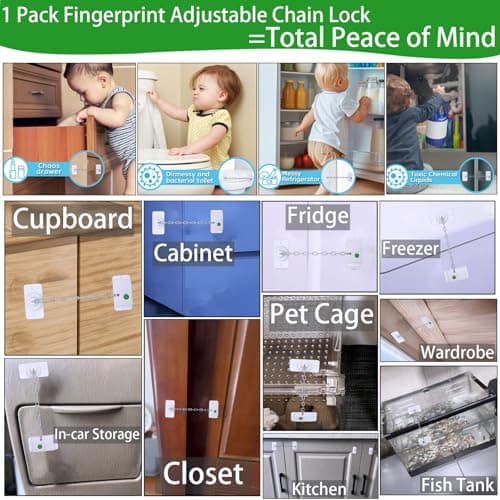 Bstsilver Fingerprint Refrigerator Lock, Baby & Cat Door Latch Adjustable Chain Childproof for Filing Cabinet Drawer Freezer, Window Biometric Locks French Fridge Latch RV Furniture Anchors Anti Tip - Thumbnail 3