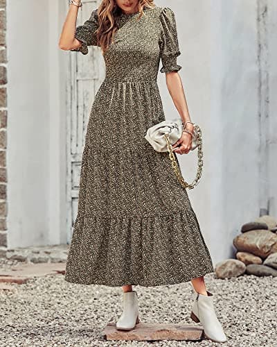 BTFBM Women Casual Summer Dresses 2026 Spring Crew Neck Ruffle Short Sleeve Smocked Floral Boho Flowy Maxi Dress Clothes(Floral Green, Medium) - Thumbnail 6