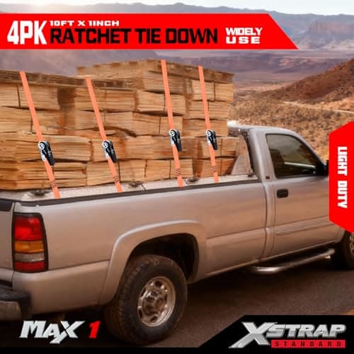 XSTRAP STANDARD Ratchet Tie Down Straps 4 Pk 10 Ft- 300 Lbs Load Cap- 900 Lbs Break Strength-Cargo Straps for UTV, ATV, Pickup,Truck, Moving Appliances, Lawn Equipment, Orange - Thumbnail 6