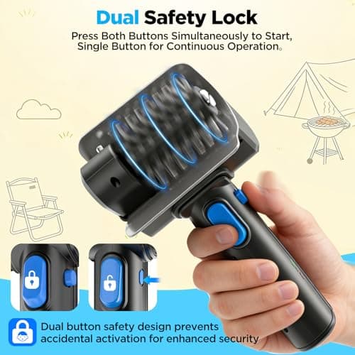 YEBLEM Electric Grill Brush with Dual Safety Lock - Ideal Gift for Men Dad Husband, Professional BBQ Cleaner with Submersible 304 SS Head, Splash-Proof Scrubber for Outdoor Grill (Blue Button) - Thumbnail 6