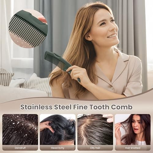 Dafeng Dandruff Comb 2PC Upgraded Fine Tooth Scalp Detox Comb Sweep & Massage Lice Stainless Steel Scalp Detoxing Hair Brush Tool Hair Care for Women, Men & Kids (Green) - Thumbnail 2