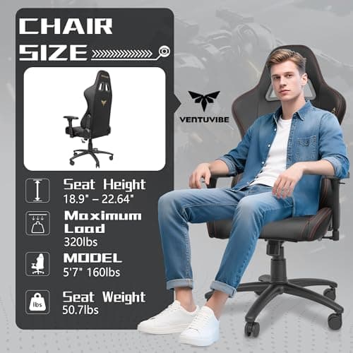 VENTUVIBE Gaming Chair 4D Adjustable Armrests - 170° Reclining & 320lb Capacity, High Back Ergonomic Computer Chair with Lumbar Support, Office Game Chair for Adults, PU Black - Thumbnail 4