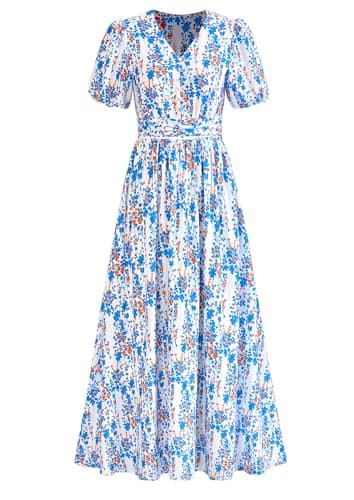 PRETTYGARDEN Womes Boho Maxi Dresses 2026 Summer Spring V Neck Puff Sleeve Empire Waist A Line Flowy Long Beach Floral Dress (White Blue Orange,XXL) - Image 1