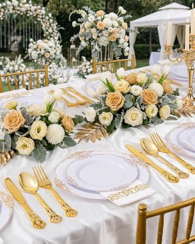 Ciaell 300PCS White and Gold Plastic Plates - Gold Disposable Dinnerware Sets for 50 Guests - 100 Plates, 50 Knives, 50 Forks, 50 Spoons, and 50 Napkins for Wedding, Anniversary, Party - Thumbnail 6