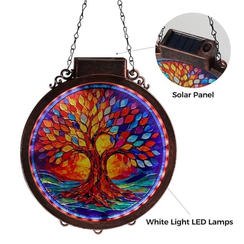 Hoikwo 8.6" Suncatcher Tree of Life, Solar Powered Sun Catcher Stained Acrylic Plastic Lightweight Window Decor, for Porch Courtyard Garden Mother's Day Birthday Gift for Mom Her Housewarming - Thumbnail 3