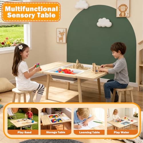 TTSZNB Large Solid Pine Wood Table with Flip Top, Activity Table with 2 Storage Bins & Double-Sided Board, Indoor/Outdoor Play Sand and Water, Multi-Functional Desk for Drawing Studying Dining - Thumbnail 6