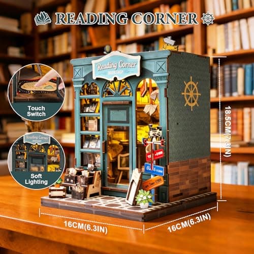 DIY Miniature Dollhouse Book Nook Kit – Reading Corner Bookshop Bookshelf Insert with LED Lights, Tiny House Model for Adults & Teens, Booknook Library Home Decor & Gift Idea for Family and Friends - Thumbnail 2
