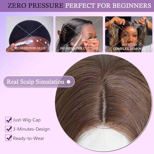 Barbique Highlight Brown 24 Inch Long Wavy Wig for Women, Synthetic Body Wave Lace Wig, Middle Part Natural Hairline Glueless Wig for Daily Wear - Thumbnail 5