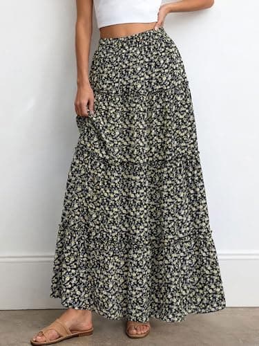 BTFBM Floral Maxi Skirts for Women Summer Spring 2026 Elastic Waist Tiered Flowy Beach Vacation Boho Midi Long Skirt(Floral Black Yellow, Small) - Thumbnail 4