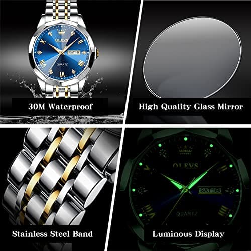 OLEVS Watch Men Blue Face Gold and Silver Stainless Steel Dress Luxury Watches for Men Two Tone Wrist Waterproof Fancy Quartz Analog Diamond Mens Watches Relojes para Hombres - Thumbnail 5