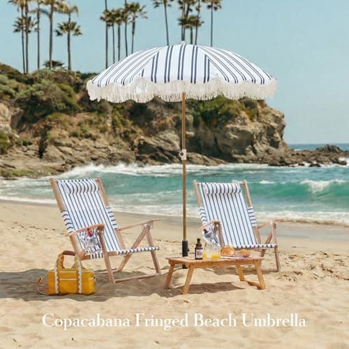 DEER LAND 6FT Stripe Fringe Beach Umbrella for Sand with Sand Anchor, UPF 50+ Sun Shade with Tassels, Adjustable Tilt Pole, Portable Coastal Umbrella for Beach & Pool, Heritage Ocean Blue Stripe - Thumbnail 2