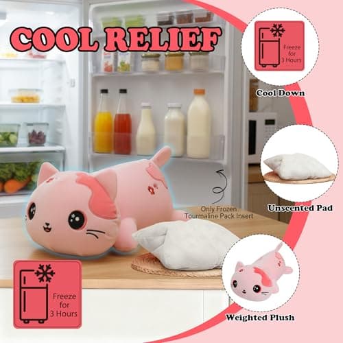Microwave Weighted Cat Stuffed Animal - 2.2 Pounds Big Pink Cat Plush Machine Washable Unscented Cute Heating Pad Animal Pillow Warm Plushies Toy for Adults Kids Pink Flower Embroidery 15 Inch - Thumbnail 5
