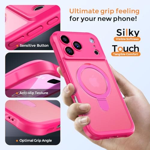 MOCCA Design for iPhone 17 Pro Case, Compatible with Magsafe [Premium Invisible Magnetic Ring Stand] [Military Drop Protection] Full Camera Guard Translucent Matte Slim Phone Cover 6.3",Hot Pink - Thumbnail 6