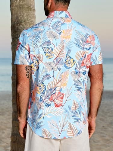 JEMLDL Men's Hawaiian Short Sleeve Button Down Shirt Wrinkle-Free Lightweight Tropical Leaf Beach Summer Clothes Sky Blue Leaf 2X-Large - Thumbnail 4