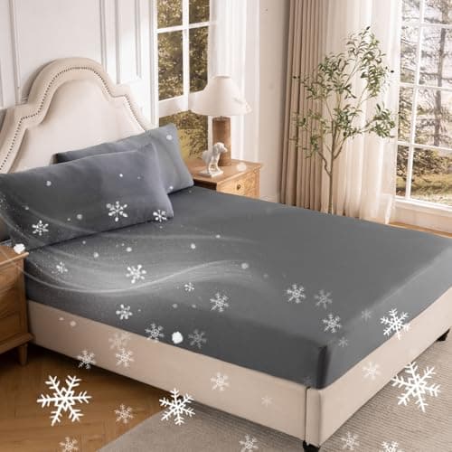 OMERAI 3 Piece Cooling Queen Size Sheet Set, Bed Sheets Set with 1 Fitted Sheet & 2 Pillowcases, Breathable Cool-to-Touch Fabric, Soft Smooth Deep Pockets Bed Sheets for Summer, Dark Gray - Image 1
