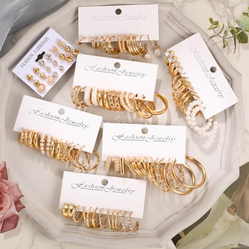 42 Pairs Gold Hoop Earrings Set for Women, Fashion Chunky Pearl Earrings Multipack Twisted Statement Earring Pack, Hypoallergenic Small Big Hoops Earrings for Birthday Party (Gold-45 pairs) - Thumbnail 2