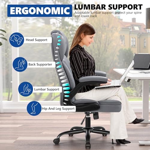 PU Leather Executive Office Chair, Ergonomic High-Back Computer & Gaming Chair with Adjustable Height, Rolling Swivel & Flip-Up Armrests, Comfy Padded Seat for Home Office-Gray - Thumbnail 5