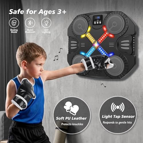 Music Boxing Machine Sport Toys for Kids,Wall Mounted Bluetooth Smart Punching Target,Training Pad Toy with Boxing Glove,Ideas Toys for Boys Girls Kids 3 4 5 6 7 8 9 10 11 12+ Years Old (Black) - Thumbnail 5