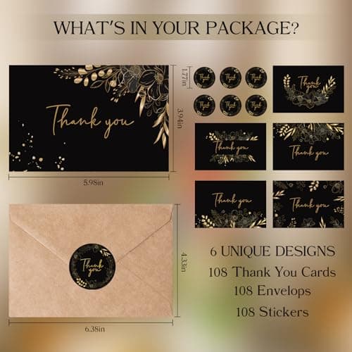 Oaken Leaford 108 Pack Pre-Folded Floral Thank You Cards with Envelopes & Stickers, 6 Elegant Designs for Wedding, Baby Shower, Bridal Shower, Teacher Gifts (Black Gold) - Thumbnail 2