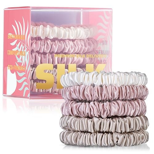 PILAVA 5 Pack 22 Momme Slim Silk Scrunchies, Strong Hold for All Hair Types, Mulberry Real Silk Hair Ties, Small No Slip No Crease Accessories for Gym & Daily Wear