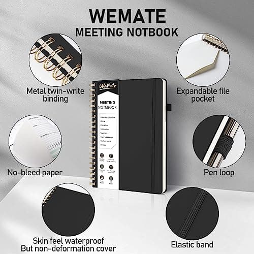 WEMATE 5 Pack Meeting Notebooks for Work（7"x10"） 200 Pages, PU Leather Notebook with Action Items & Note, For Staff & Students, Meeting, Projects Planning - All Black Set - Thumbnail 6