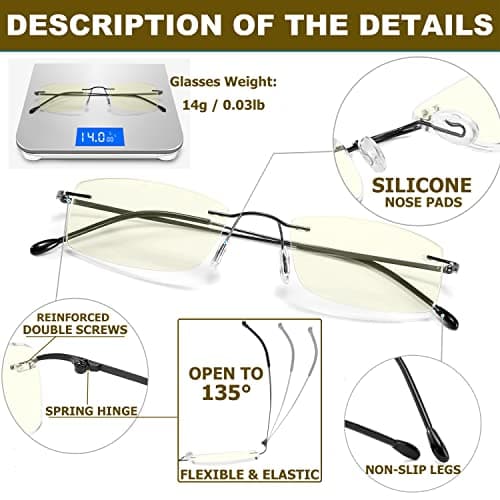 Yiwaeye 2 Pack Titanium Rimless Reading Glasses Anti Blue Light Glare Filter, Ultralight Spring Hinge Readers for Men Wowen Gold/Gunmetal +1.5 - Thumbnail 3