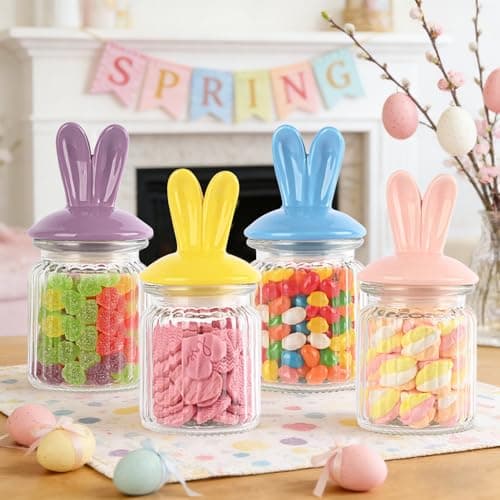 Easter Candy Dish – 4 Pack Glass Bunny Candy Jars with Ceramic Bunny Ear Lids, 250ml Easter Cookie Jar for Mini Eggs and Easter Table Decor - Thumbnail 2